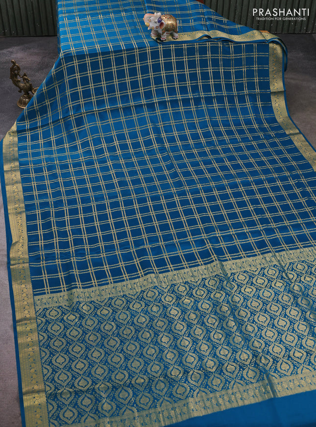 Pure mysore silk saree peacock green with allover zari woven checked pattern and zari woven border