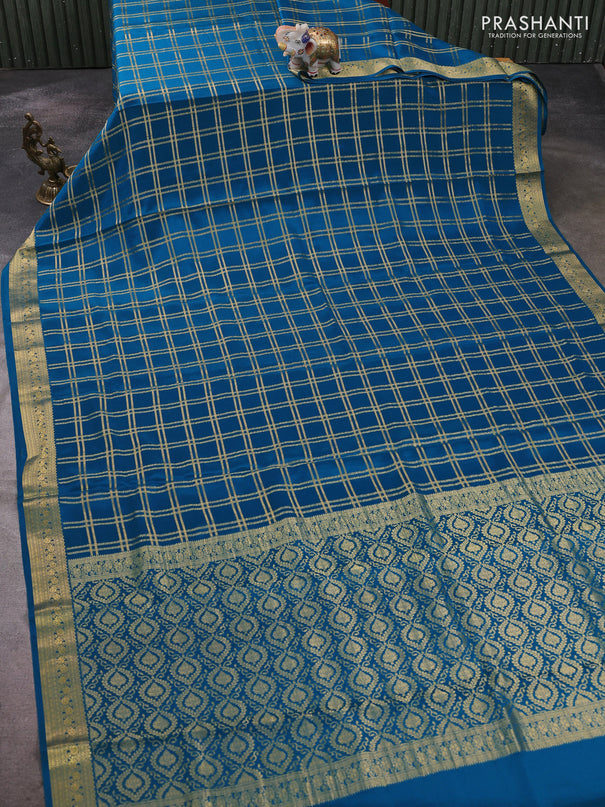 Pure mysore silk saree peacock green with allover zari woven checked pattern and zari woven border