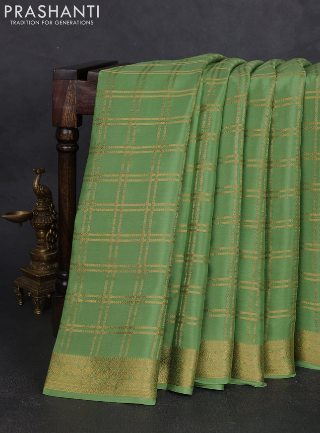 Pure mysore silk saree green with allover zari woven checked pattern and zari woven border
