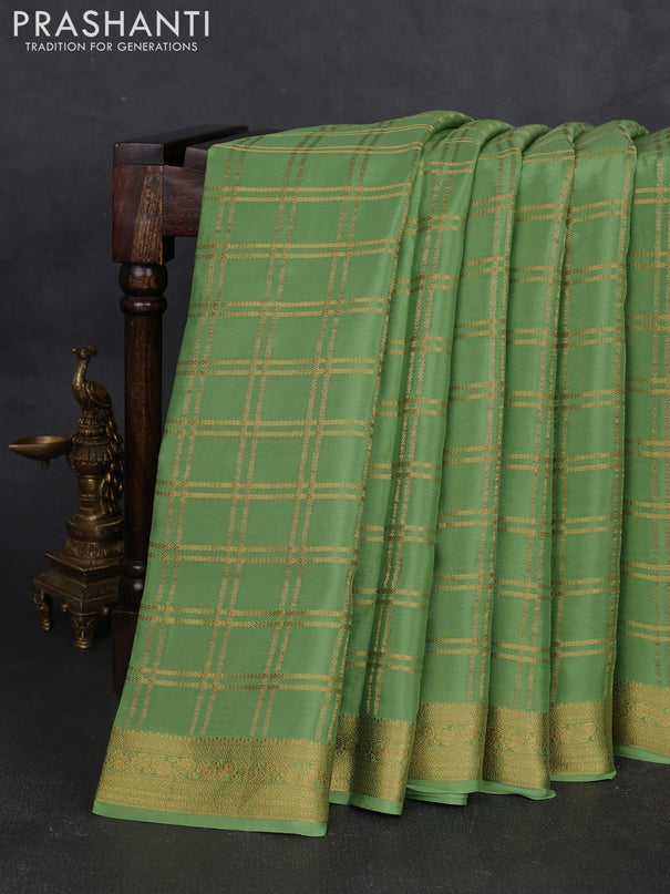 Pure mysore silk saree green with allover zari woven checked pattern and zari woven border