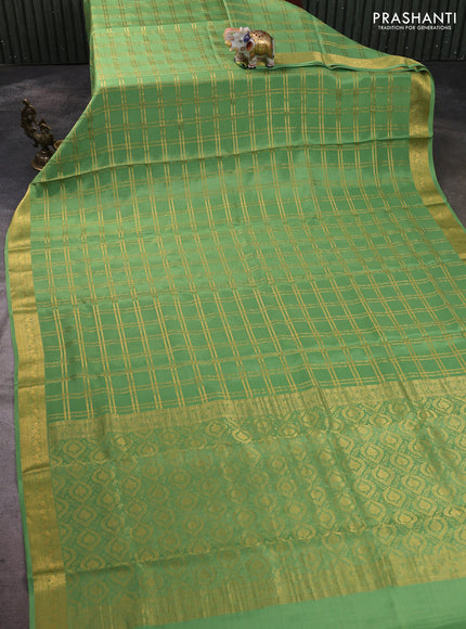 Pure mysore silk saree green with allover zari woven checked pattern and zari woven border