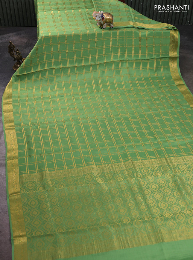 Pure mysore silk saree green with allover zari woven checked pattern and zari woven border