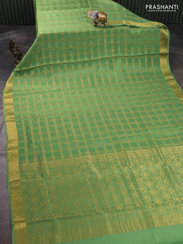 Pure mysore silk saree green with allover zari woven checked pattern and zari woven border
