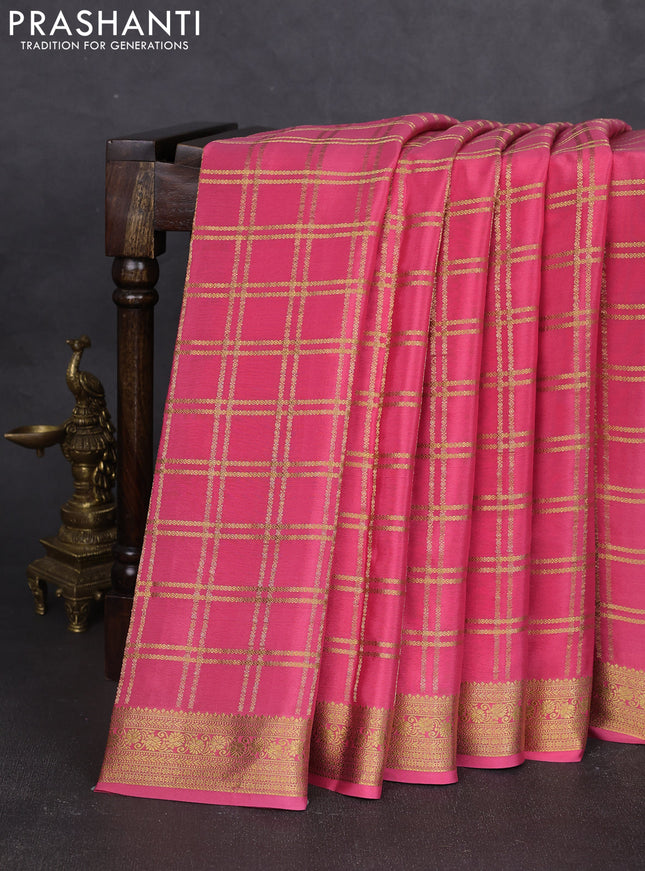Pure mysore silk saree peach pink shade with allover zari woven checked pattern and zari woven border
