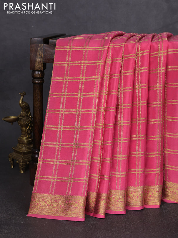 Pure mysore silk saree peach pink shade with allover zari woven checked pattern and zari woven border