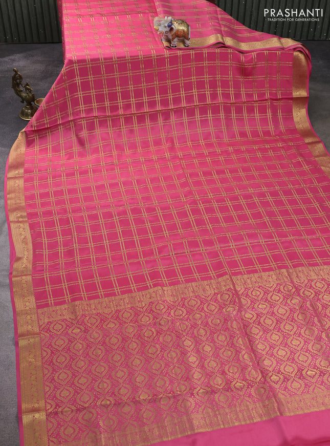 Pure mysore silk saree peach pink shade with allover zari woven checked pattern and zari woven border