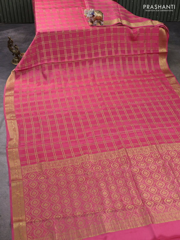 Pure mysore silk saree peach pink shade with allover zari woven checked pattern and zari woven border