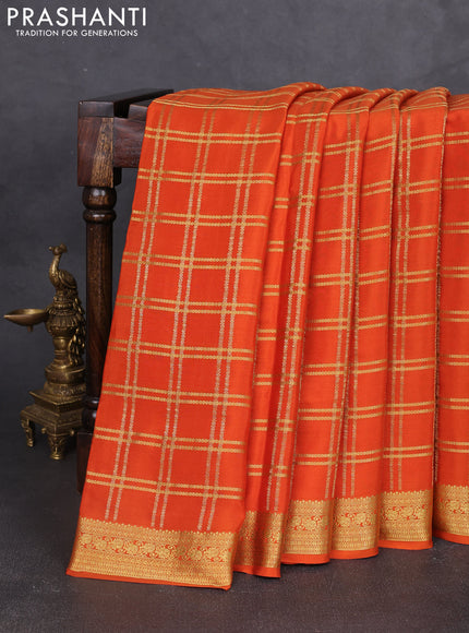 Pure mysore silk saree orange with allover zari woven checked pattern and zari woven border