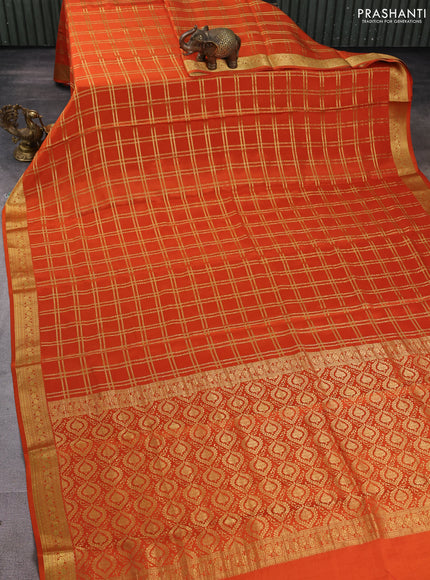 Pure mysore silk saree orange with allover zari woven checked pattern and zari woven border