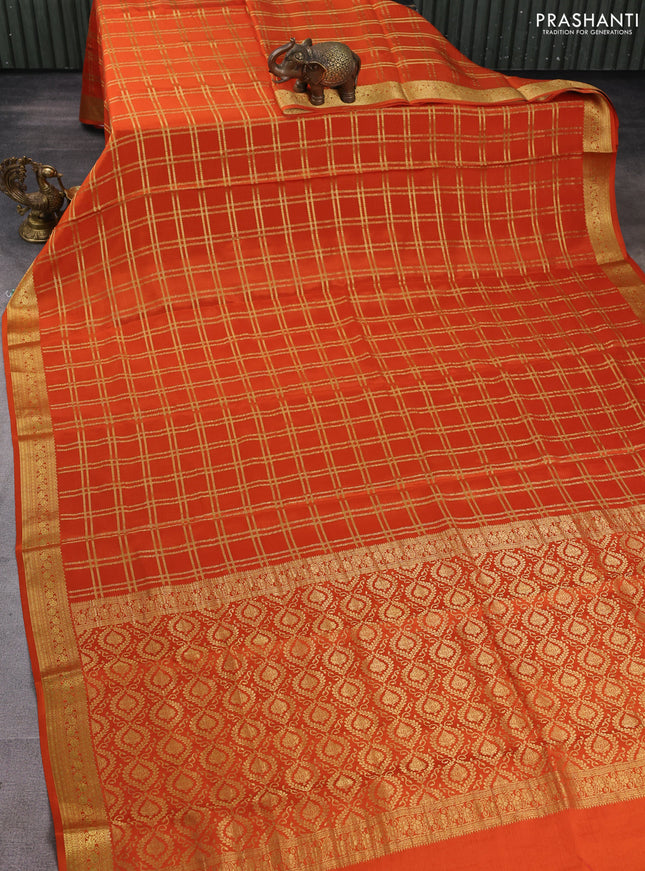Pure mysore silk saree orange with allover zari woven checked pattern and zari woven border