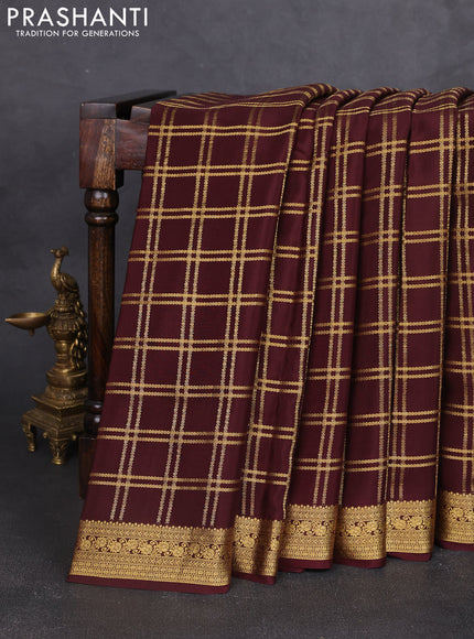 Pure mysore silk saree coffee brown with allover zari woven checked pattern and zari woven border