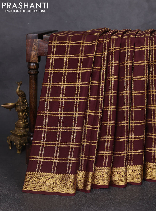 Pure mysore silk saree coffee brown with allover zari woven checked pattern and zari woven border