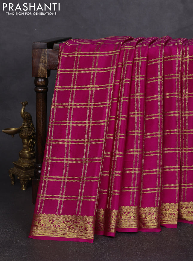 Pure mysore silk saree pink with allover zari woven checked pattern and zari woven border