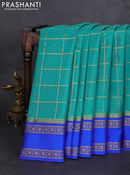 Pure mysore silk saree teal green and blue with allover small zari checked pattern and rettapet zari woven border