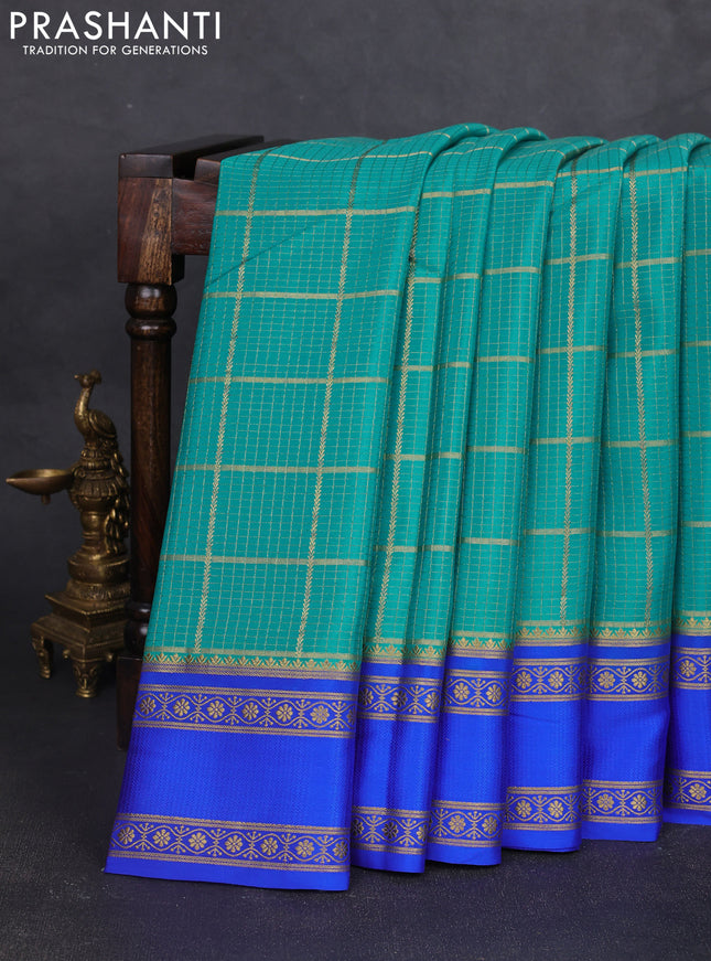 Pure mysore silk saree teal green and blue with allover small zari checked pattern and rettapet zari woven border