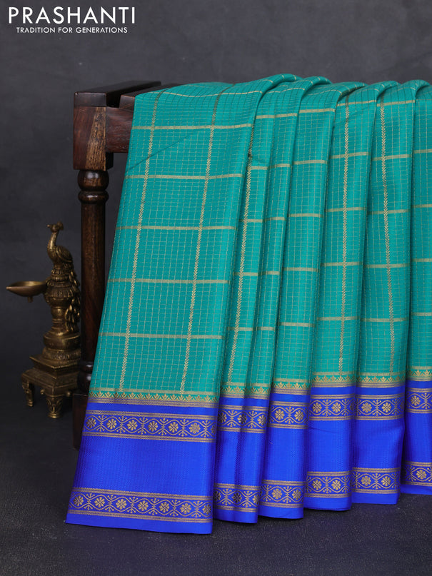 Pure mysore silk saree teal green and blue with allover small zari checked pattern and rettapet zari woven border