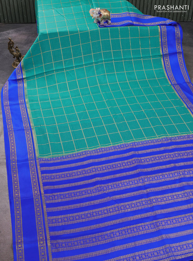 Pure mysore silk saree teal green and blue with allover small zari checked pattern and rettapet zari woven border