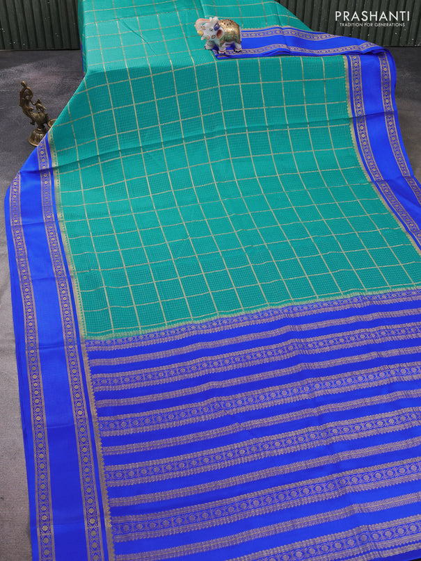 Pure mysore silk saree teal green and blue with allover small zari checked pattern and rettapet zari woven border