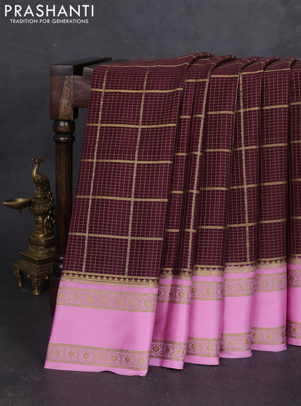 Pure mysore silk saree wine shade and light pink with allover small zari checked pattern and rettapet zari woven border