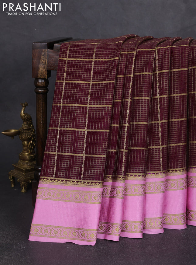 Pure mysore silk saree wine shade and light pink with allover small zari checked pattern and rettapet zari woven border