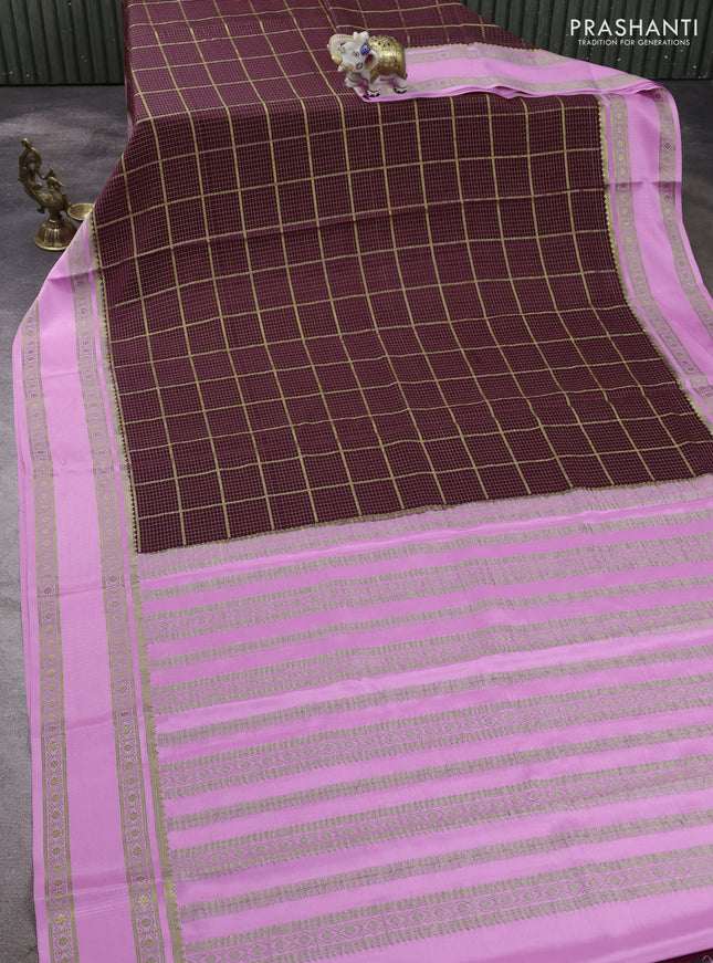 Pure mysore silk saree wine shade and light pink with allover small zari checked pattern and rettapet zari woven border