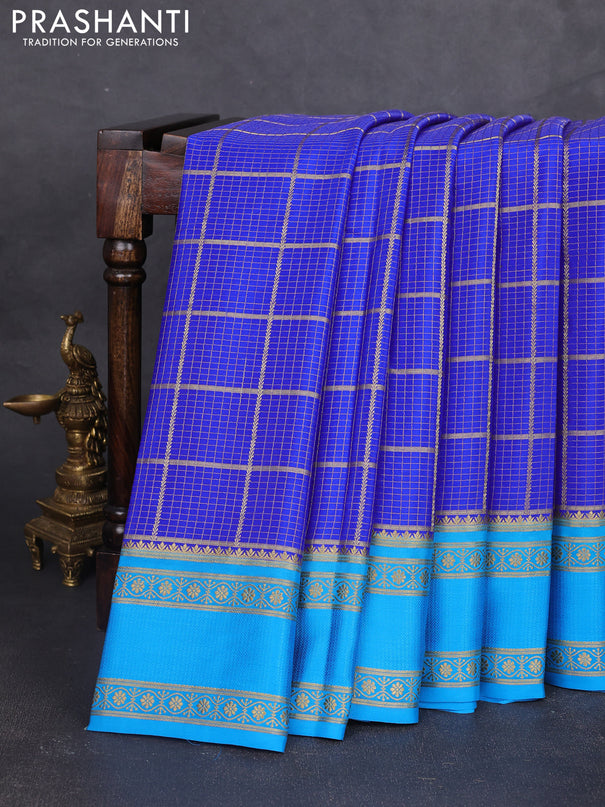 Pure mysore silk saree blue and cs blue with allover small zari checked pattern and rettapet zari woven border