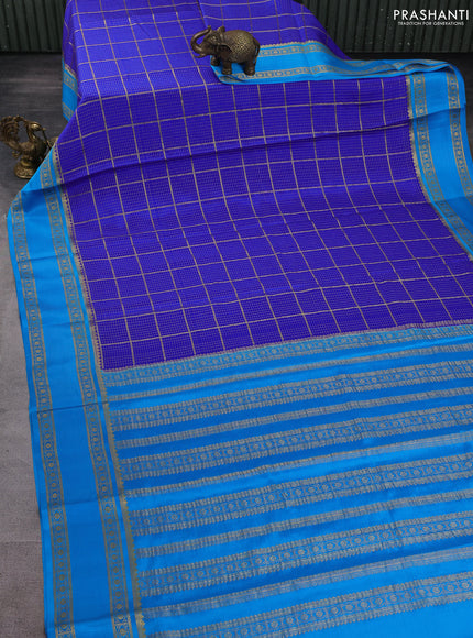 Pure mysore silk saree blue and cs blue with allover small zari checked pattern and rettapet zari woven border