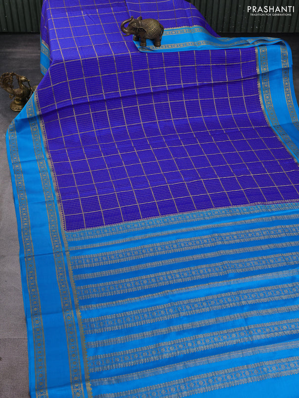 Pure mysore silk saree blue and cs blue with allover small zari checked pattern and rettapet zari woven border