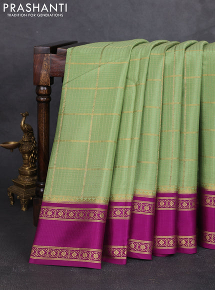 Pure mysore silk saree pastel green and purple with allover small zari checked pattern and rettapet zari woven border