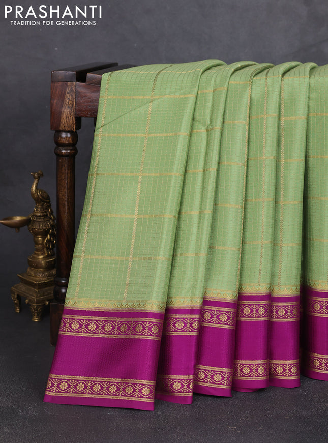 Pure mysore silk saree pastel green and purple with allover small zari checked pattern and rettapet zari woven border