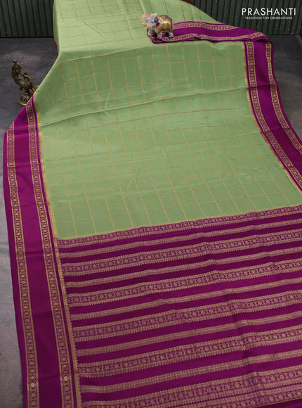 Pure mysore silk saree pastel green and purple with allover small zari checked pattern and rettapet zari woven border
