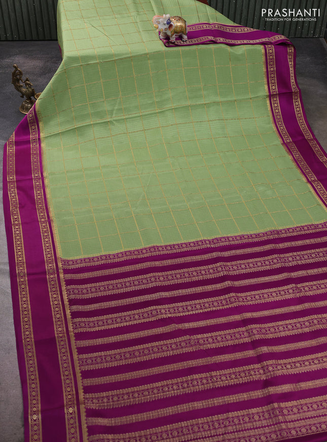 Pure mysore silk saree pastel green and purple with allover small zari checked pattern and rettapet zari woven border