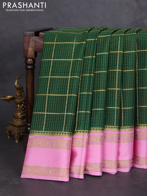 Pure mysore silk saree green and light pink with allover small zari checked pattern and rettapet zari woven border