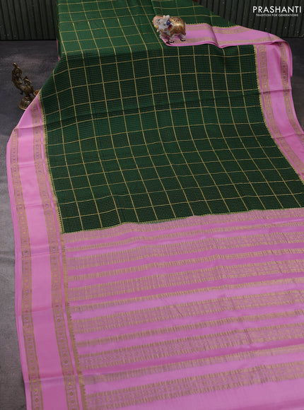Pure mysore silk saree green and light pink with allover small zari checked pattern and rettapet zari woven border