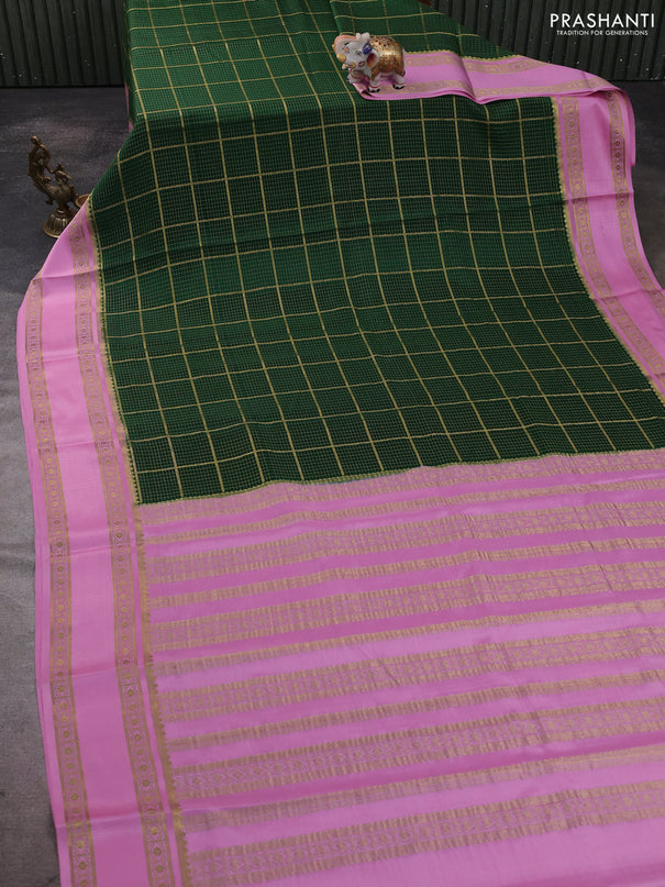 Pure mysore silk saree green and light pink with allover small zari checked pattern and rettapet zari woven border