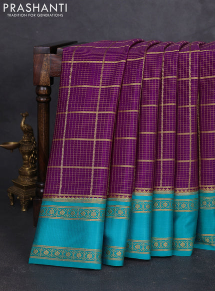 Pure mysore silk saree purple and teal blue with allover small zari checked pattern and rettapet zari woven border