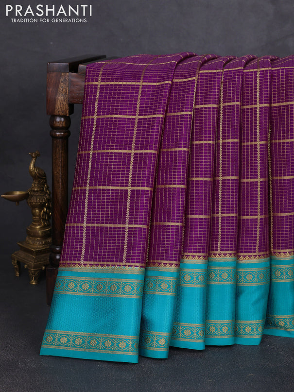Pure mysore silk saree purple and teal blue with allover small zari checked pattern and rettapet zari woven border