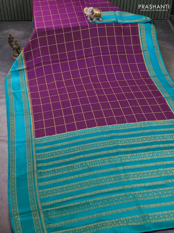 Pure mysore silk saree purple and teal blue with allover small zari checked pattern and rettapet zari woven border