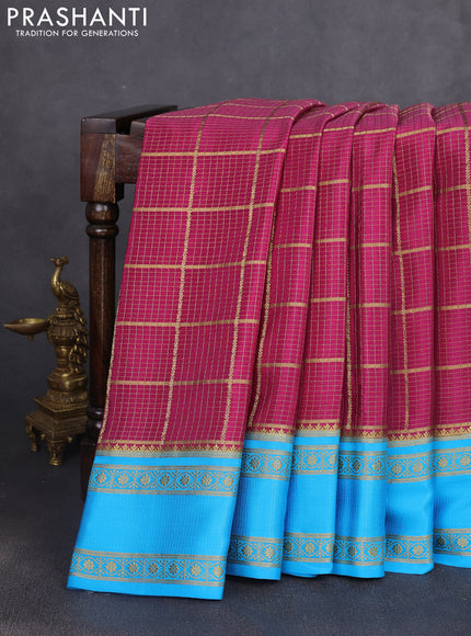 Pure mysore silk saree magenta pink and cs blue with allover small zari checked pattern and rettapet zari woven border