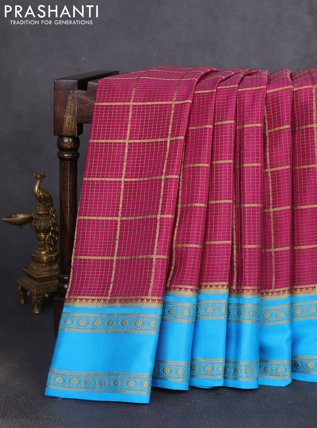 Pure mysore silk saree magenta pink and cs blue with allover small zari checked pattern and rettapet zari woven border