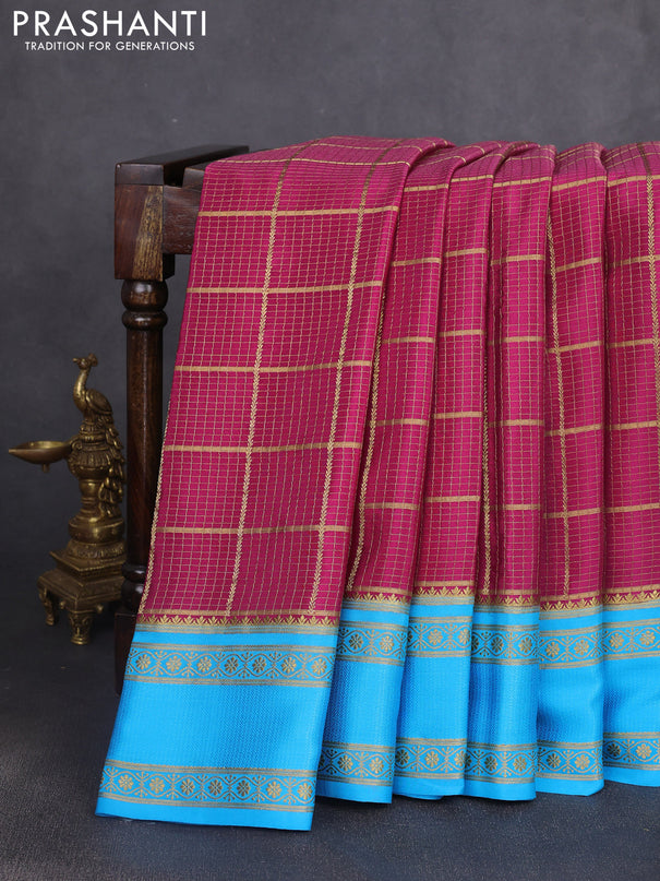 Pure mysore silk saree magenta pink and cs blue with allover small zari checked pattern and rettapet zari woven border