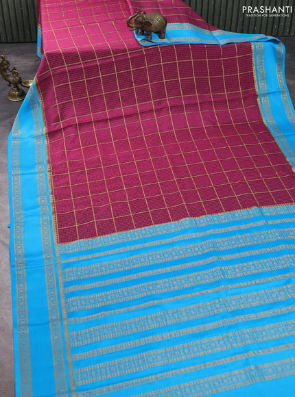 Pure mysore silk saree magenta pink and cs blue with allover small zari checked pattern and rettapet zari woven border