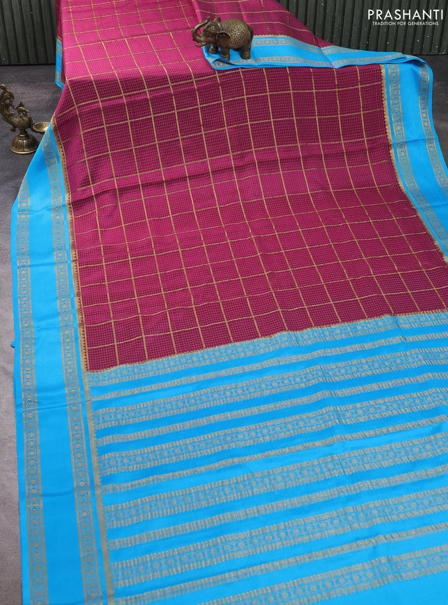 Pure mysore silk saree magenta pink and cs blue with allover small zari checked pattern and rettapet zari woven border