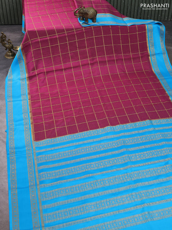 Pure mysore silk saree magenta pink and cs blue with allover small zari checked pattern and rettapet zari woven border