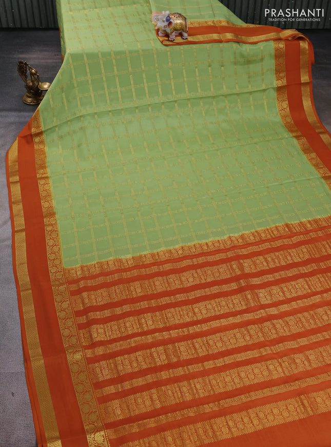 Pure mysore silk saree pista green and mustard yellow with allover zari checked pattern and rettapet zari woven border