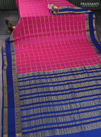 Pure mysore silk saree light pink and blue with allover zari checked pattern and rettapet zari woven border