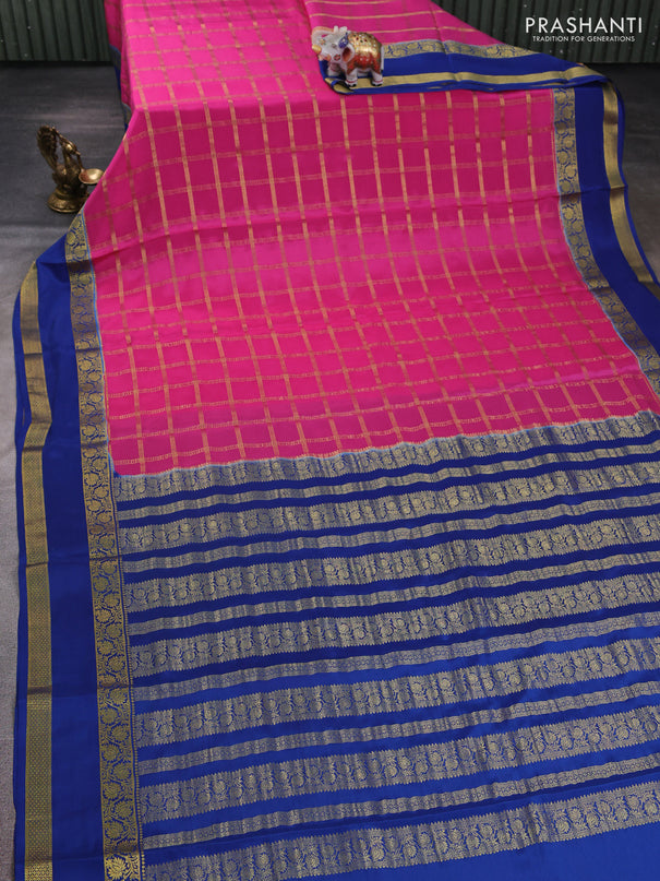 Pure mysore silk saree light pink and blue with allover zari checked pattern and rettapet zari woven border