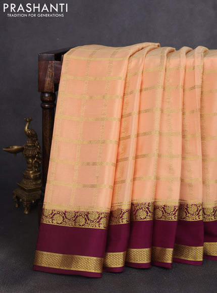 Pure mysore silk saree pale orange and wine shade with allover zari checked pattern and rettapet zari woven border