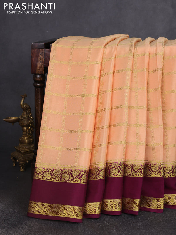 Pure mysore silk saree pale orange and wine shade with allover zari checked pattern and rettapet zari woven border
