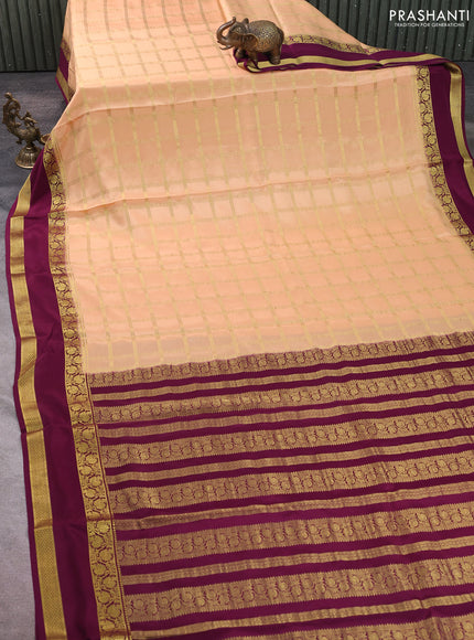 Pure mysore silk saree pale orange and wine shade with allover zari checked pattern and rettapet zari woven border